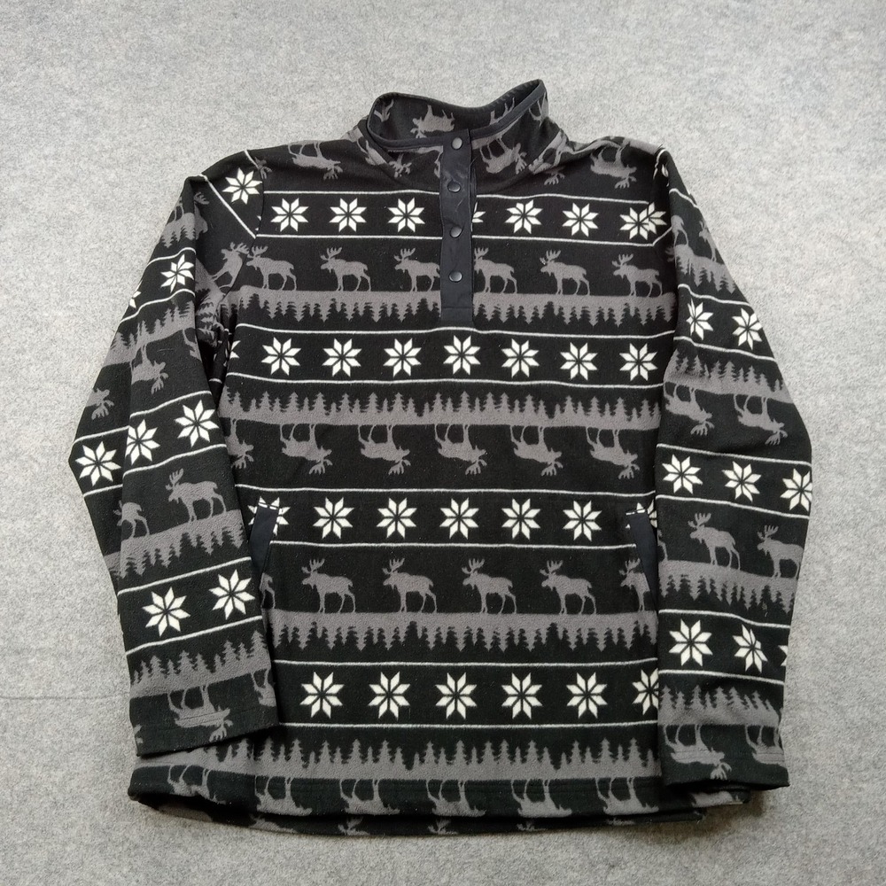 Duluth Trading Sweatshirt Mens Large Black Fleece Snap Mock Neck Pullover Deer